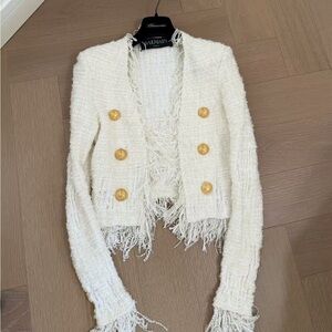 🚩steal authentic Balmain Ivory Textured Jacket with Metallic Accents